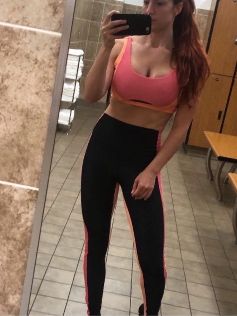 High-Rise Black Leggings with Pink & Orange Side Panels